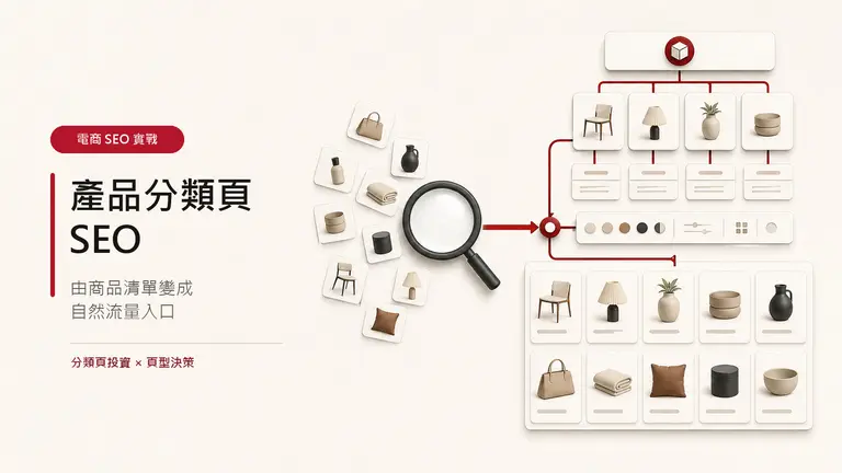產品分類頁由散亂商品清單整理成可承接搜尋需求及引導選購的自然流量入口示意圖