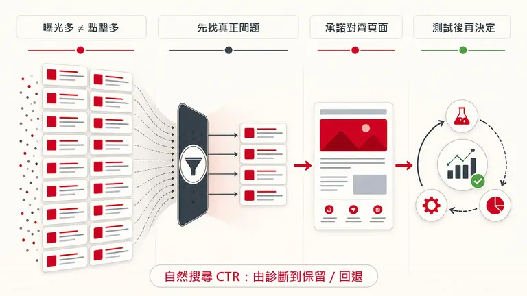 自然搜尋有穩定曝光但點擊偏低，由診斷真正原因到保留或回退 CTR 測試的路線