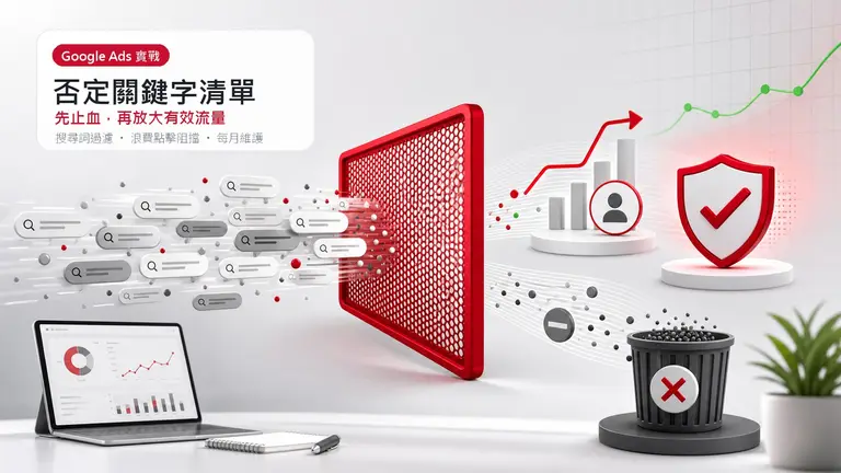 Google Ads 否定關鍵字清單阻擋浪費點擊示意圖