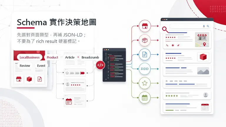 Schema 實作決策地圖：由網站頁面、JSON-LD 到搜尋結果呈現